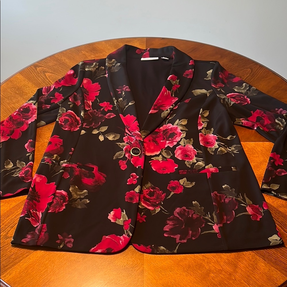 Susan Graver Floral Black and Red Lightweight Blazer
